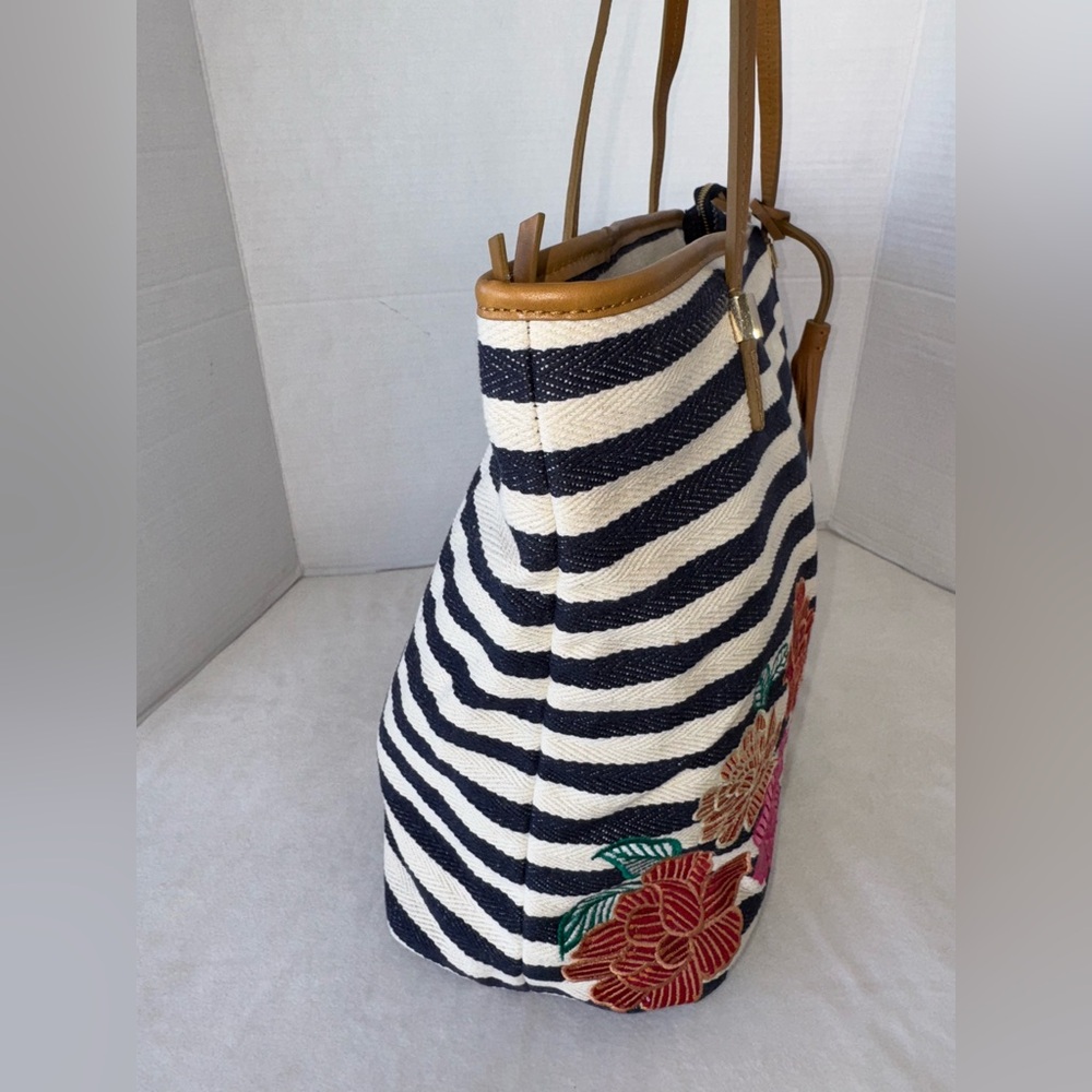 Chico's Striped Vibrant Floral Embroidered Cotton Leather Tote Shoulder Purse - Picture 5 of 14